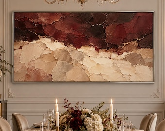 May include: A large rectangular wall art piece featuring a thick, textured impasto application of paint in deep burgundy, dark brown, and cream tones. The composition is divided horizontally with dark colors on top and lighter shades below.