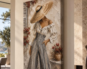 May include: A textured oil painting on canvas depicting a figure wearing a wide-brimmed straw hat, a white off-the-shoulder blouse with thin black stripes, and high-waisted striped trousers. The scene includes a stone wall, red flowers, and shutters.