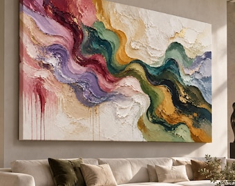 May include: A large rectangular canvas painting featuring thick, textured impasto brushstrokes in a flowing, wave-like composition. The artwork displays a vibrant palette of deep crimson, violet, forest green, mustard yellow, and cream white.