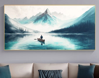 Original Landscape Oil Painting On Canvas, Abstract Snow Mountain Painting, Lake View Art, Boat Painting, Large Wall Art, Living room Decor