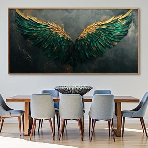 Grande peinture empâtement ailes d'ange vert émeraude et or, art mural 3D texturé, art abstrait original, décoration d'intérieur unique, décoration murale de bureau