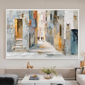 Textured Cityscape Painting, Beige Palette Knife Impasto Canvas, European Alleyway Art