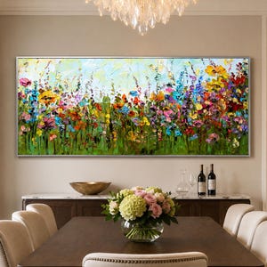 Colorful Wildflower Painting, Large Abstract Floral Art, Textured Impasto Meadow, Vibrant Palette Knife Canvas, Long Horizontal Wall Decor