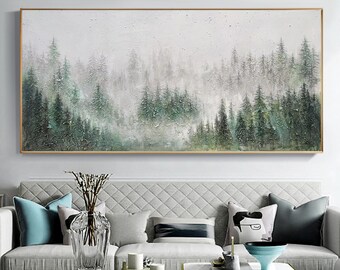 Textured Misty Forest Painting, Serene Green Landscape Wall Art