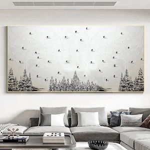 Large Original Ski Sport Painting on Canvas, Texture Wall Art, Skier on Snowy Mountain Art White Snow Skiing Art Custom Painting, Home Decor