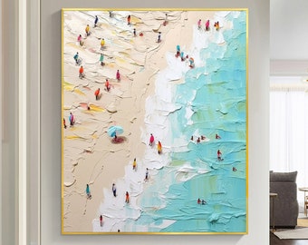 Pintura al óleo de playa original sobre lienzo, pintura abstracta junto al mar de verano, pintura de olas y playa dorada, arte de la pared de la sala de estar, decoración del hogar