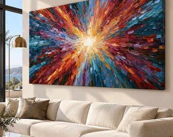 May include: A large rectangular canvas painting featuring a vibrant abstract explosion of color. Thick, textured paint strokes in shades of bright yellow, deep red, orange, and dark blue radiate outward from a central white light point.