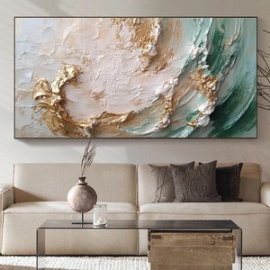 Dipinto a olio originale astratto "Onde dorate" su tela / Elegante opera d'arte in bianco, oro e verde acqua / Grande decorazione da parete testurizzata / Arte da parete per soggiorno