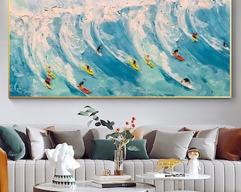 Original Surf Painting on Canvas Custom Painting Texture Wall Art Personalized Gift Blue Ocean Waves Nature Scenery Art Bedroom Wall Decor