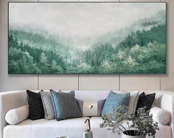 キャンバスに描かれたオリジナルの緑の森の絵画。カスタムペイントのテクスチャーが美しいウォールアート。パーソナライズされたギフト。巨大な木々の自然風景アート。モダンな室内装飾。