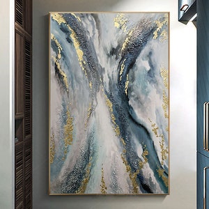 Grande peinture abstraite bleue à la feuille d'or, art moderne sur toile