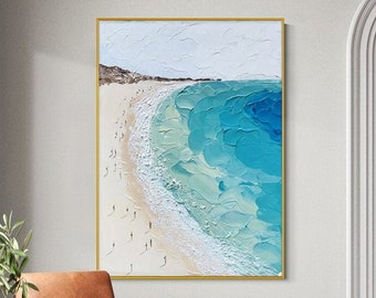 Abstract Beach Canvas Painting,Large Original Sunshine Ocean Coast Seascape Oil Painting Wall Art, Modern Blue Beige Living Room Wall Decor