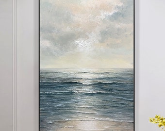 Abstract Ocean Oil Painting, Modern Coastal Wall Art, Large Canvas Mural