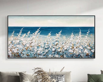 オリジナル花油絵、青い海の抽象画、厚塗りテクスチャ