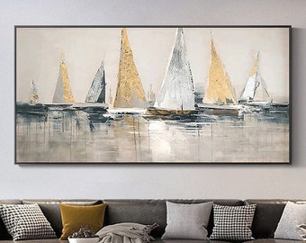 Original Golden Sailboats Painting, Abstract Ocean Art on Canvas