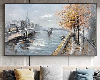 Large Original Oil Painting on Canvas,Abstract Art,Boho Wall Decor,Lake,Trees,Landscape,Bridge,Nature,Living Room Painting, Large Wall Art