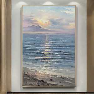 Original Oil Painting on Canvas Sea Landscape Painting,Large Wall Sky Sea Painting,Sea Level Painting Of Sunrise Landscape Large Wall Art