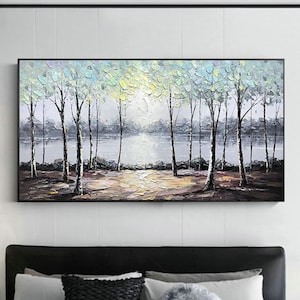 Large original oil painting on canvas,abstract art,riverside scenery,lake, trees,landscape,forest,nature,living room painting,large wall art