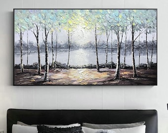 Large original oil painting on canvas,abstract art,riverside scenery,lake, trees,landscape,forest,nature,living room painting,large wall art