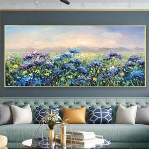 紫のバイオレット油絵、花の壁アート、キャンバスに描かれた抽象的な油絵、パレットナイフで描かれた絵画、春の風景画の壁アート、室内装飾