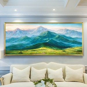 Original Landscape Oil Painting On Canvas, Green Mountains Painting, Realistic Art of Field Scenery, Summer Decor, Large Wall Art,Home Decor