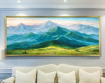 Original Landscape Oil Painting On Canvas, Green Mountains Painting, Realistic Art of Field Scenery, Summer Decor, Large Wall Art,Home Decor