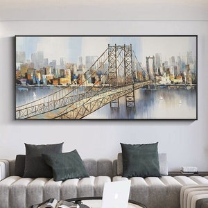 Abstract New York City Oil Painting on Canvas, Large Original Brooklyn Bridge Skyline Urban Cityscape Painting Living Room Wall Art Decor