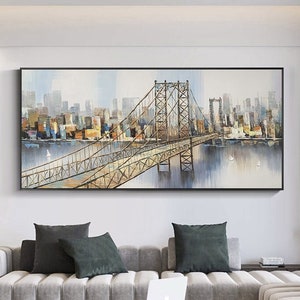 Abstract New York City Oil Painting on Canvas, Large Original Brooklyn Bridge Skyline Urban Cityscape Painting Living Room Wall Art Decor