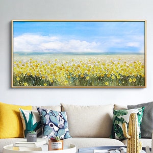 oil painting flower on canvas, original flower painting,yellow flower painting, blue sky painting, landscape painting,living room wall art