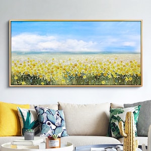 oil painting flower on canvas, original flower painting,yellow flower painting, blue sky painting, landscape painting,living room wall art