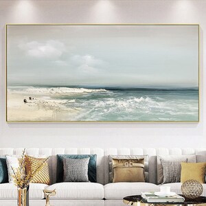 Sandy Beach Ocean Oil Painting On Canvas Blue Sky White Clouds Abstract Seascape Coastal Wall Art Acrylic Painting Large Wall Art Home Decor