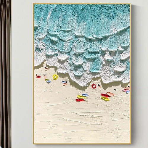 Original Painting On Canvas, Summer Seaside Oil Painting,White Waves and Golden Beach Painting ,Living Room Art,Large Wall Art, House Decor