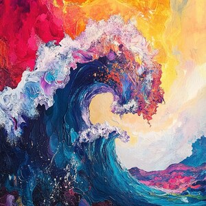 Original Hand-Painted Abstract Oil Painting on Canvas | Colorful Ocean Wave Art | Stunning Red, Blue, Yellow Decor for Living Room or Office
