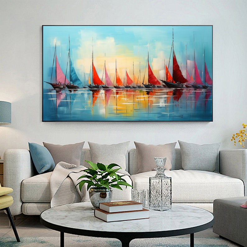 Original Sailboats Painting on Canvas, Large Wall Art, Abstract Colorful Painting, Ocean Art, Living room Wall Decor, Custom Painting
