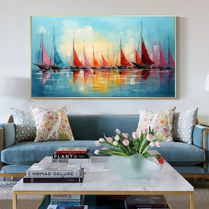 Original Sailboats Painting on Canvas, Large Wall Art, Abstract Colorful Painting, Ocean Art, Living room Wall Decor, Custom Painting