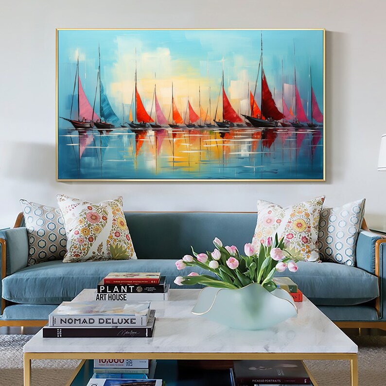 Original Sailboats Painting on Canvas, Large Wall Art, Abstract Colorful Painting, Ocean Art, Living room Wall Decor, Custom Painting