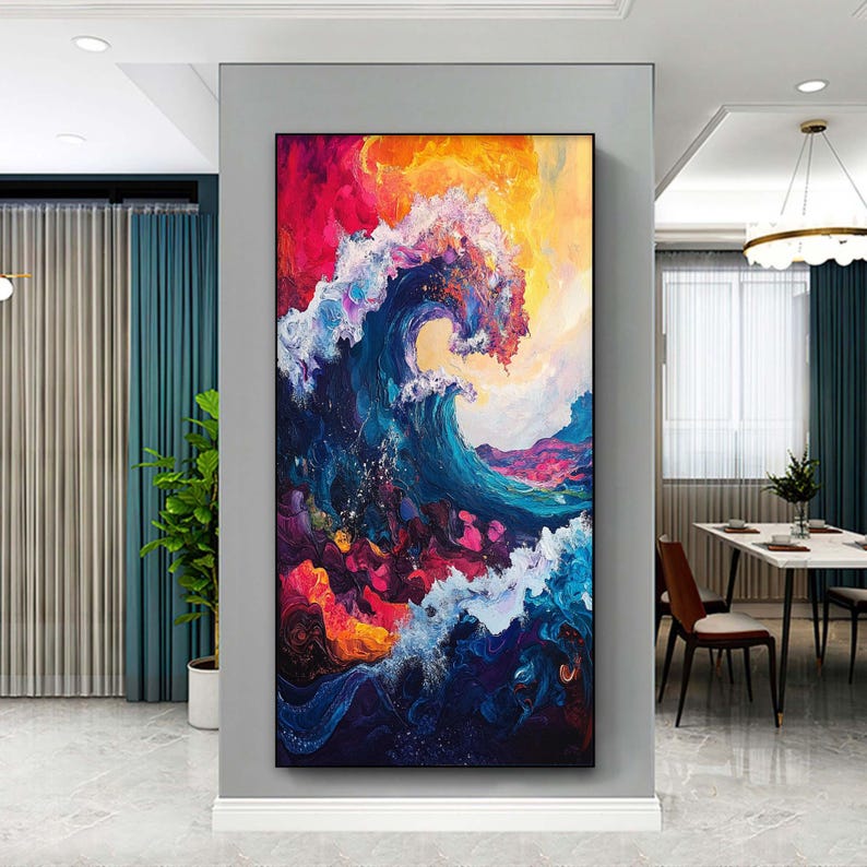 Original Hand-Painted Abstract Oil Painting on Canvas | Colorful Ocean Wave Art | Stunning Red, Blue, Yellow Decor for Living Room or Office