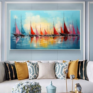 Original Sailboats Painting on Canvas, Large Wall Art, Abstract Colorful Painting, Ocean Art, Living room Wall Decor, Custom Painting