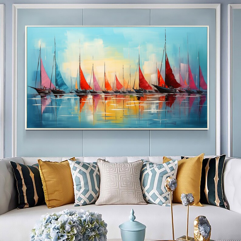 Original Sailboats Painting on Canvas, Large Wall Art, Abstract Colorful Painting, Ocean Art, Living room Wall Decor, Custom Painting