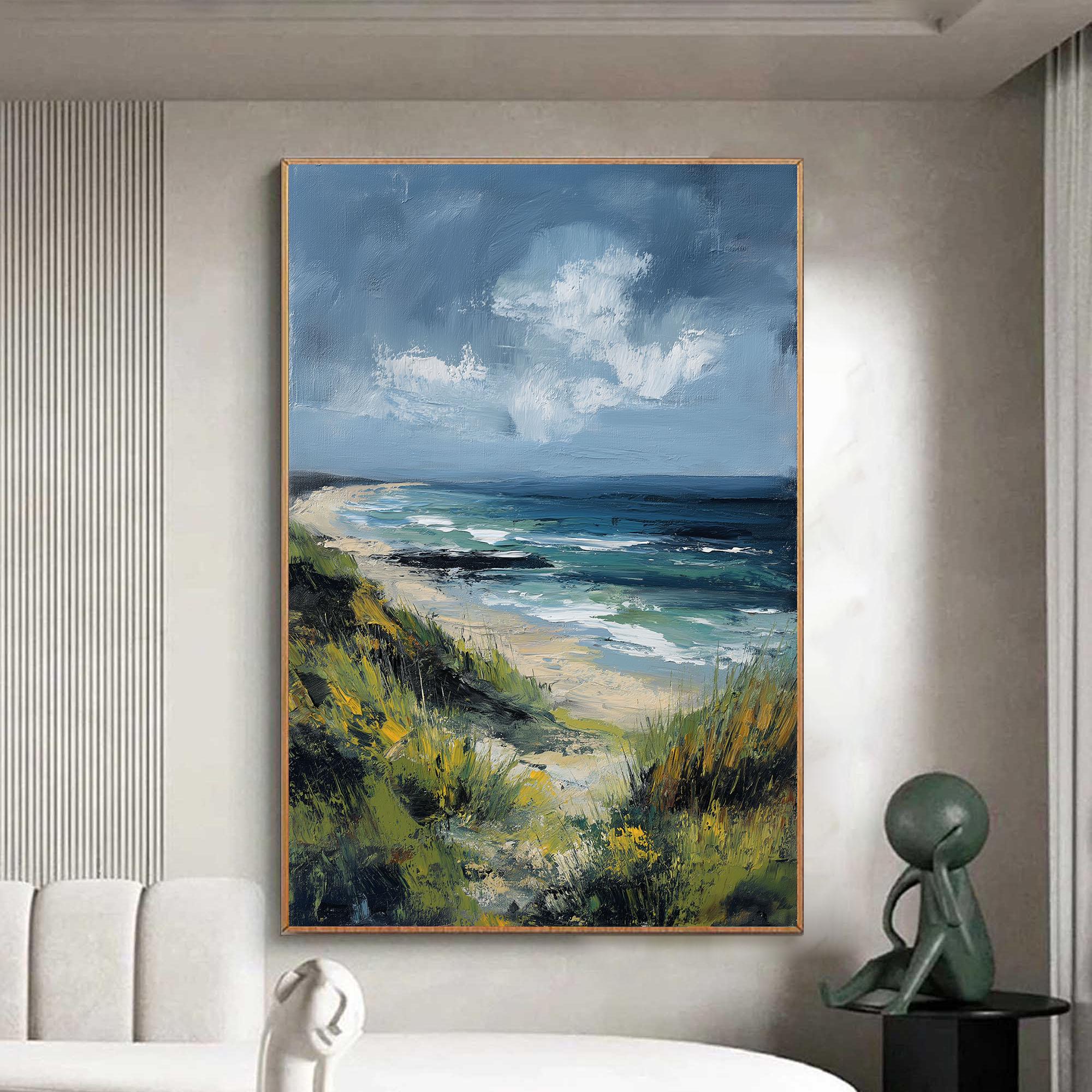 抽象的な海岸風景の油絵、質感のある緑と青のビーチのキャンバス