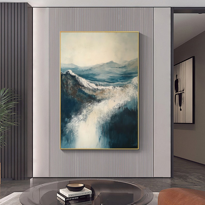 Original Grey Sea Oil Painting on Canvas, Abstract Waves Painting