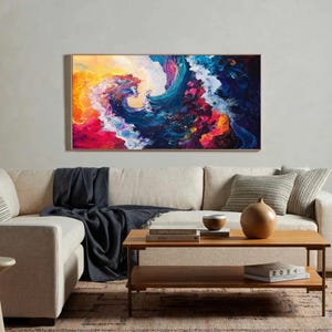 Original Hand-Painted Abstract Oil Painting on Canvas | Colorful Ocean Wave Art | Stunning Red, Blue, Yellow Decor for Living Room or Office