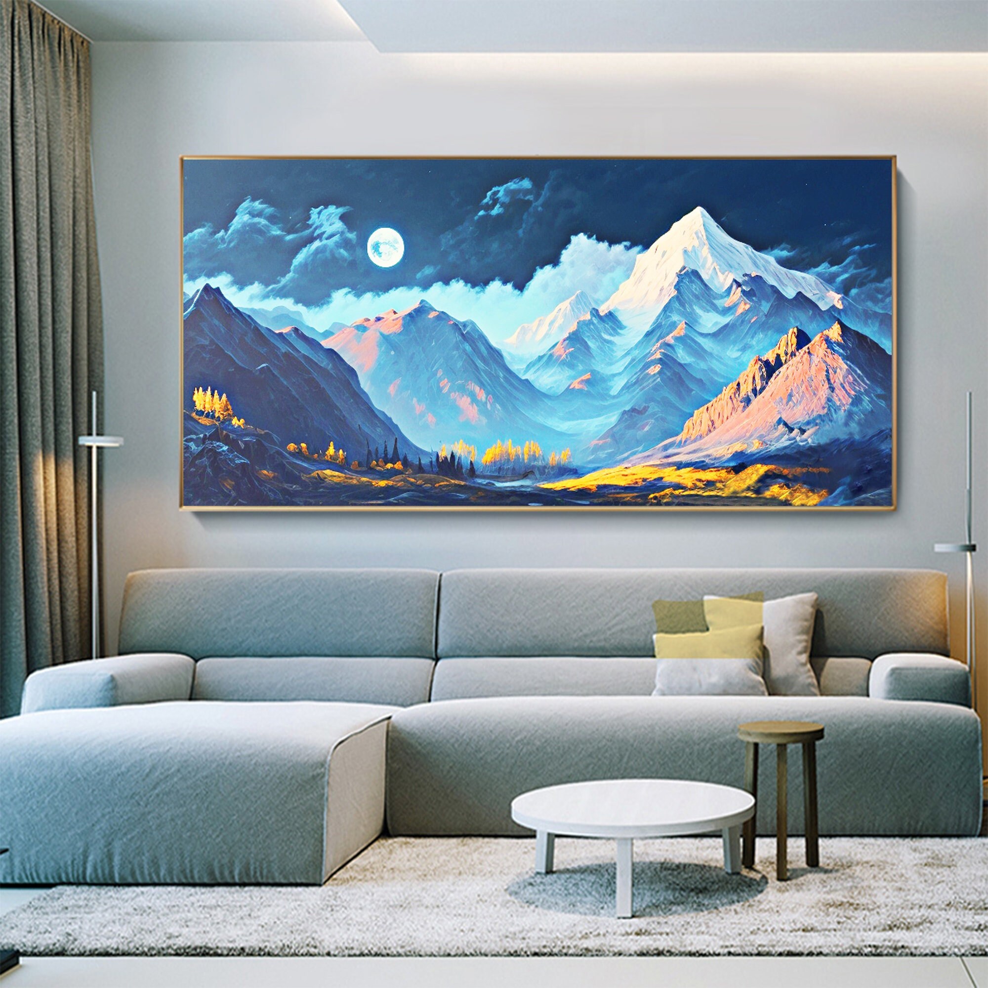 Landscape Oil Painting On Canvas, Original Snow Mountain Painting, Realistic Art of Field Scenery, Blue Decor, Large Wall Art, Home Decor