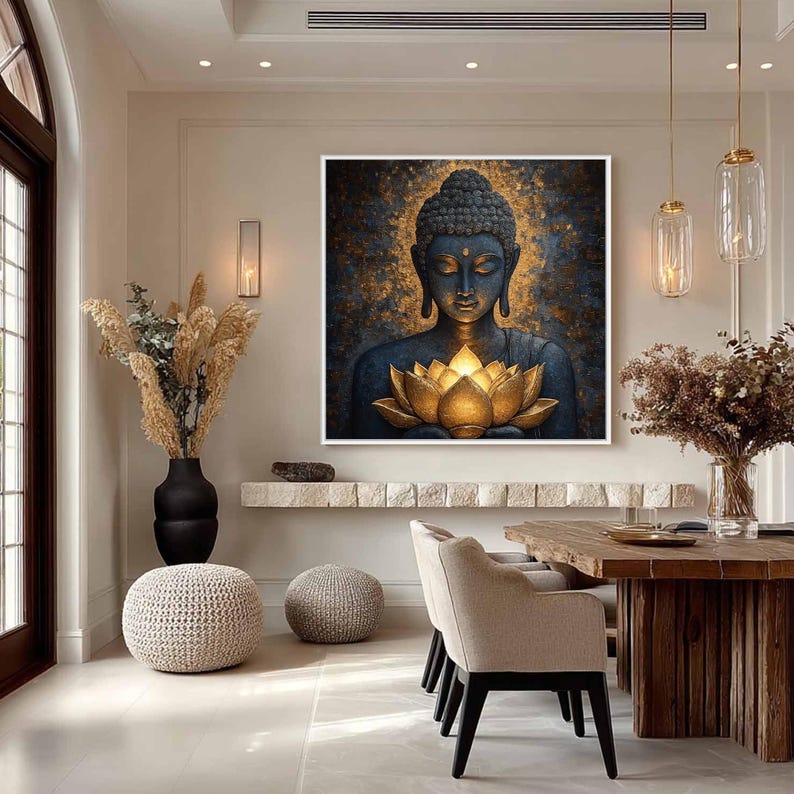 Textured Buddha Painting – Blue Gold Lotus Spiritual Wall Art - Etsy