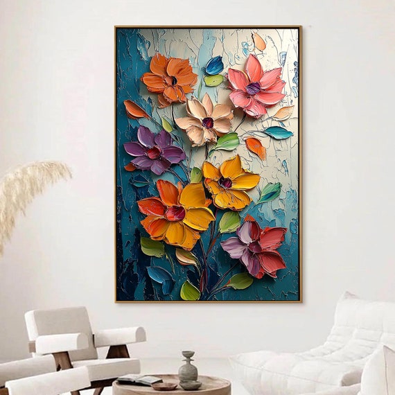 Large Impasto Floral Painting, Textured 3D Flower Artwork