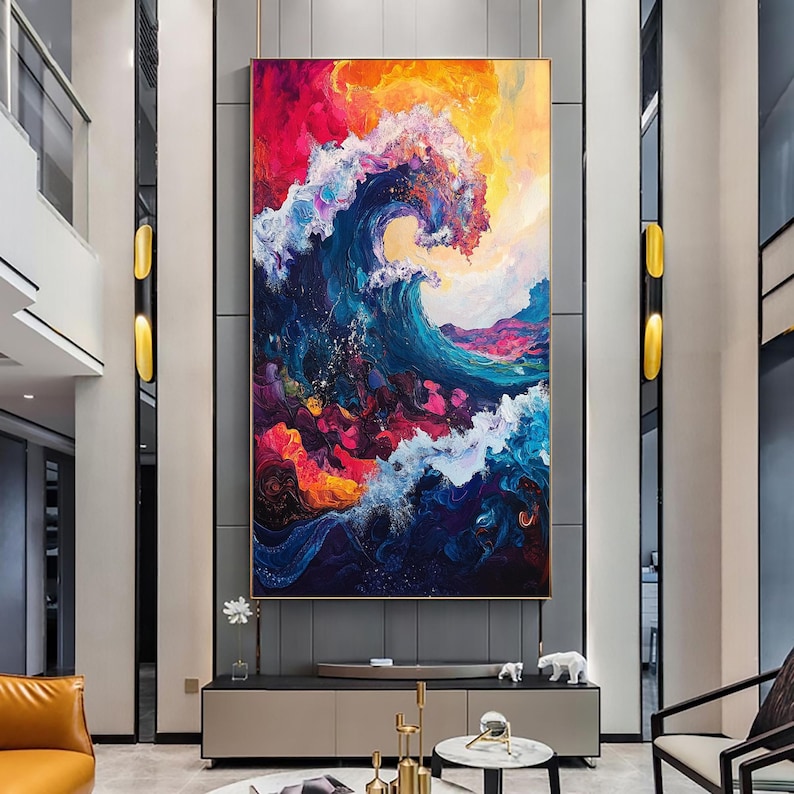 Original Hand-Painted Abstract Oil Painting on Canvas | Colorful Ocean Wave Art | Stunning Red, Blue, Yellow Decor for Living Room or Office