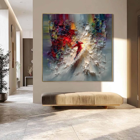 Textured Skiing Painting Impasto Wall Art, Abstract Skier Oil Painting, Large Colorful Art, Dynamic Winter Sports Decor, Modern Home Artwork