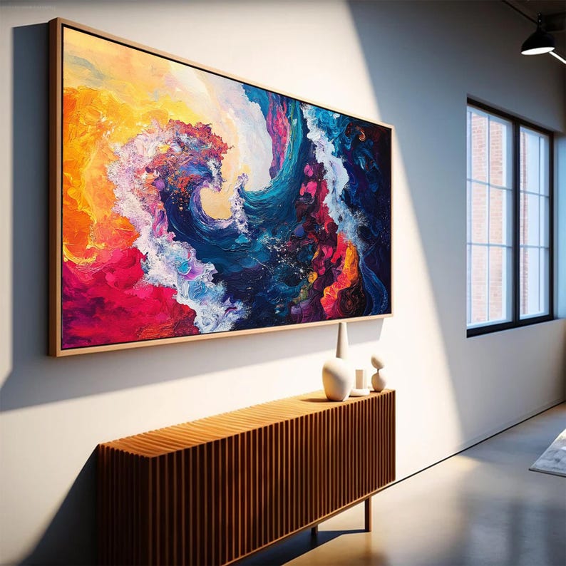 Original Hand-Painted Abstract Oil Painting on Canvas | Colorful Ocean Wave Art | Stunning Red, Blue, Yellow Decor for Living Room or Office