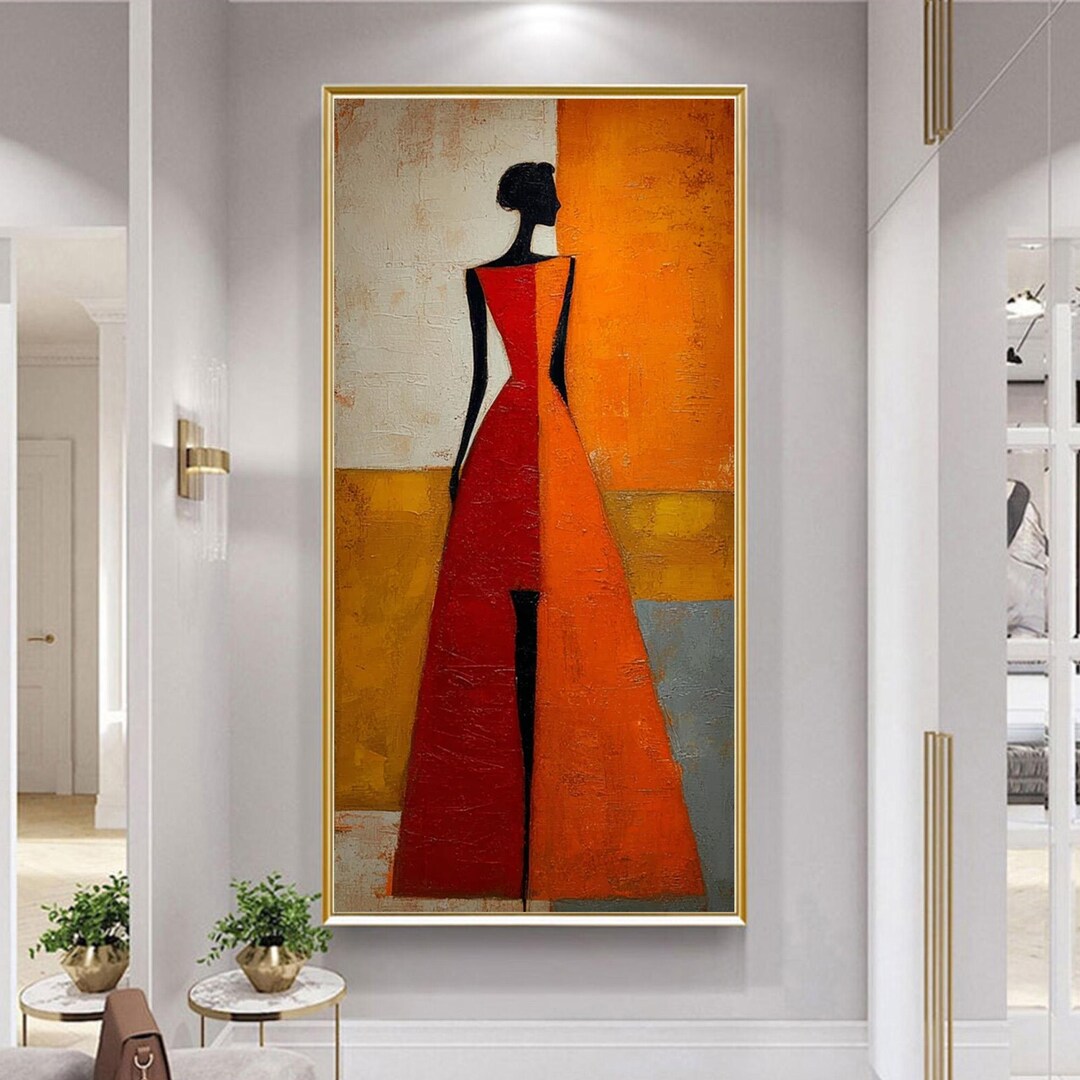 Abstract Oil Painting, Elegant Woman Red Orange Dress, Textured Wall ...