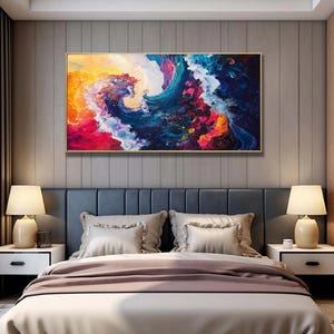 Original Hand-Painted Abstract Oil Painting on Canvas | Colorful Ocean Wave Art | Stunning Red, Blue, Yellow Decor for Living Room or Office
